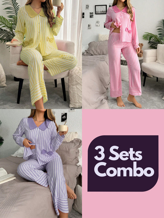 Contrast Color Stripe Cardigan Women Pajama Set (Pack of 3 Sets)